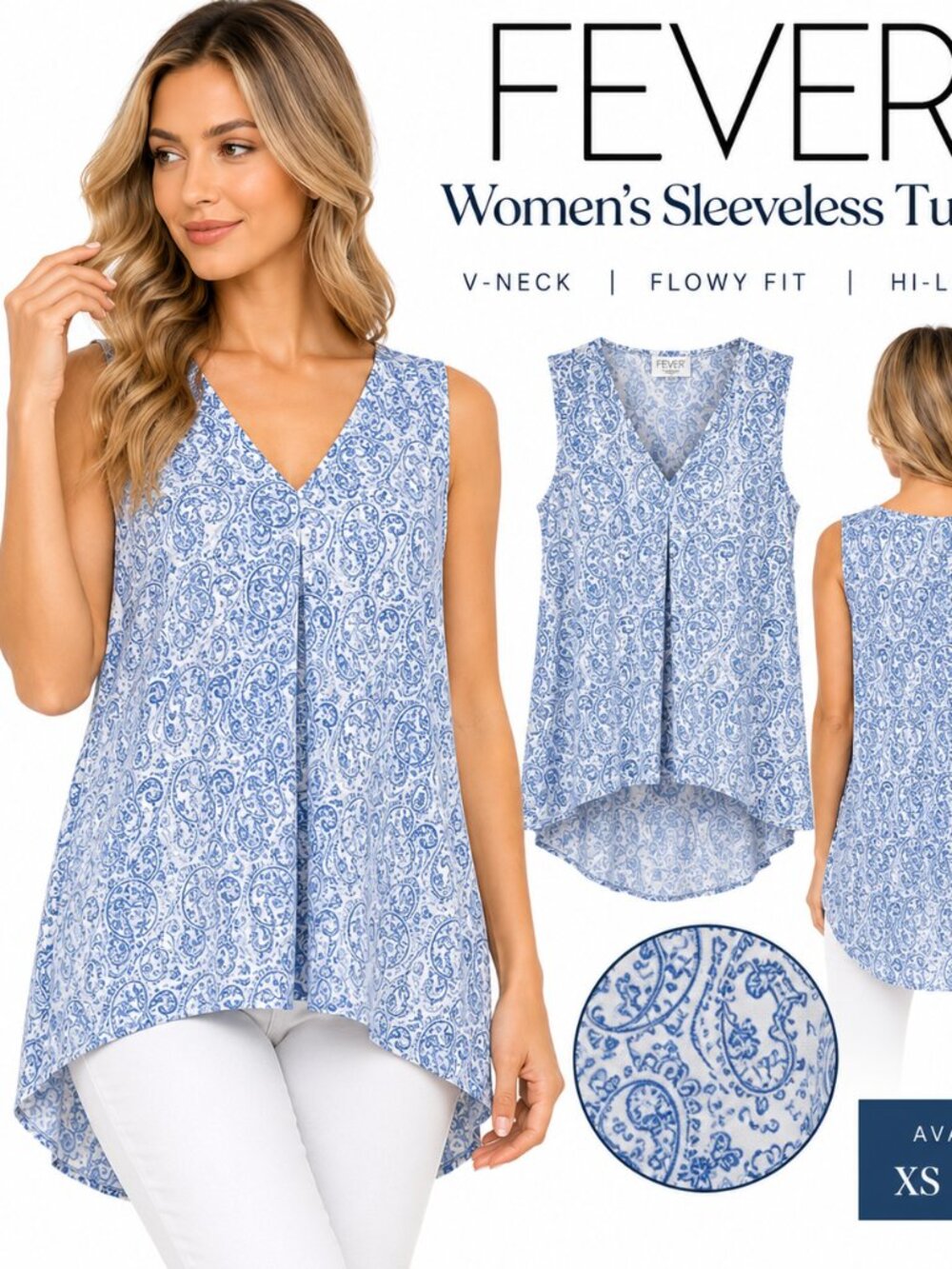 Fever Women’s Blue Paisley Sleeveless V-Neck Hi-Low Tunic Top NWT